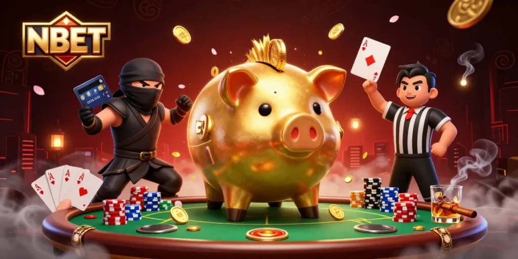 Experience thrilling gameplay at NBET with a sumo piggy bank summoning golden coins during an exciting poker showdown.