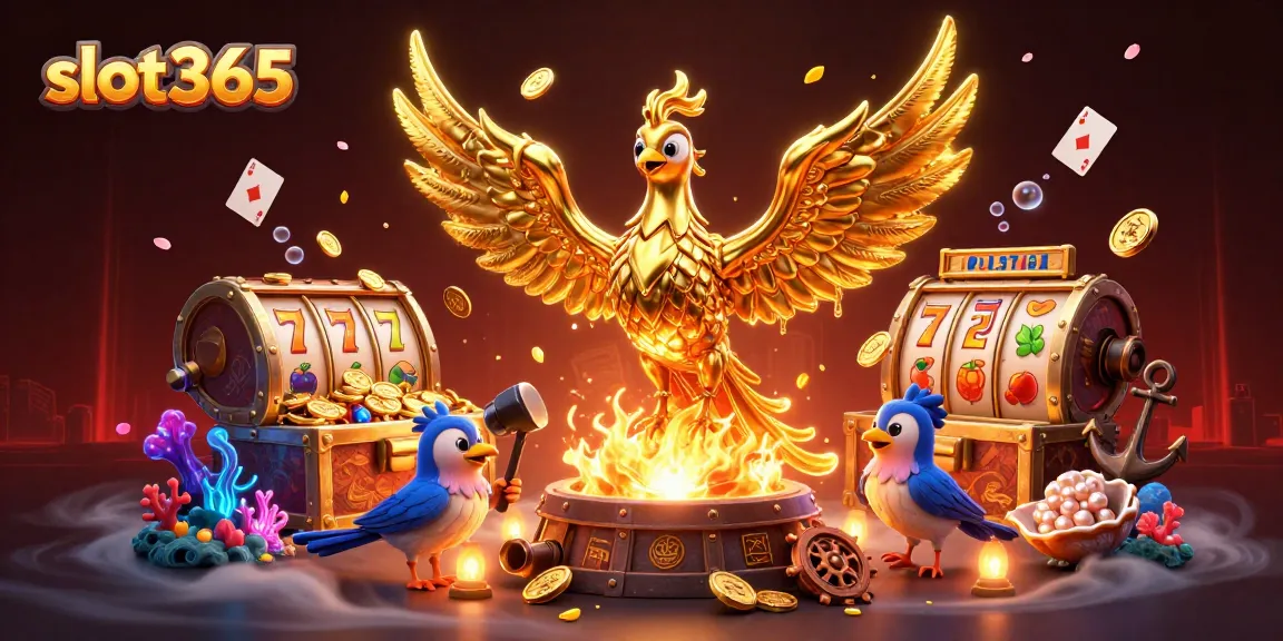 Experience great slots at slot365 with an engaging phoenix-themed casino illustration.