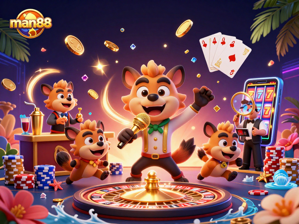 Experience the excitement of man88 with hyenas running a vibrant comedy casino, filled with gold coins and sparkling gems.