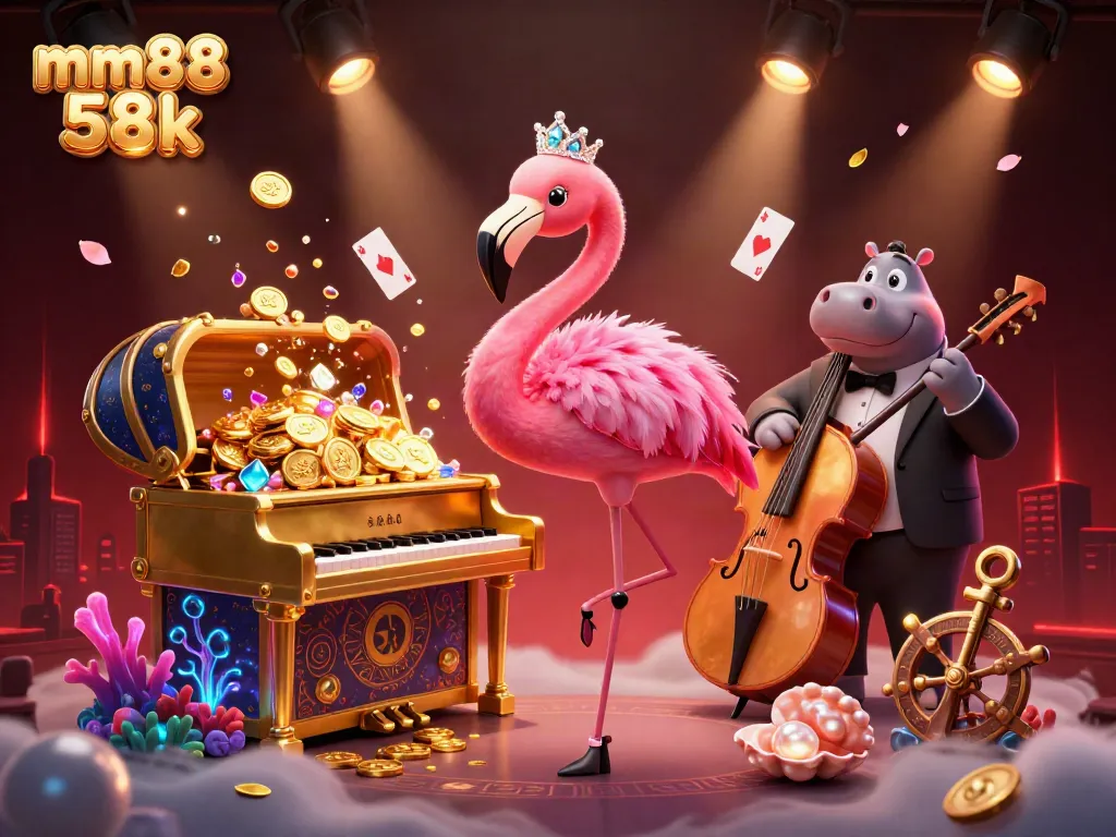 Experience the excitement of mm88 58k with a vibrant 3D casino scene featuring a flamingo singer and hippo bassist.