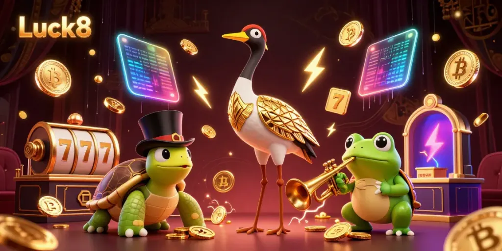 Engage in exciting slots at Luck8 with vibrant slot reels surrounded by gold coins and animated characters