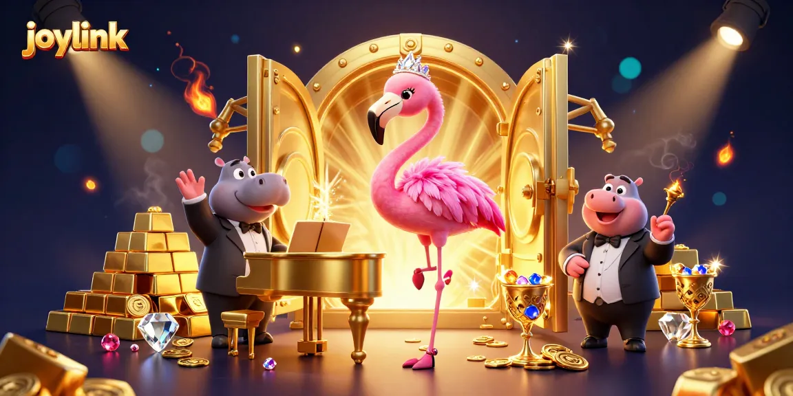 Experience joylink's vibrant casino atmosphere with a flamingo singer and hippo bassist dazzling amidst treasures.