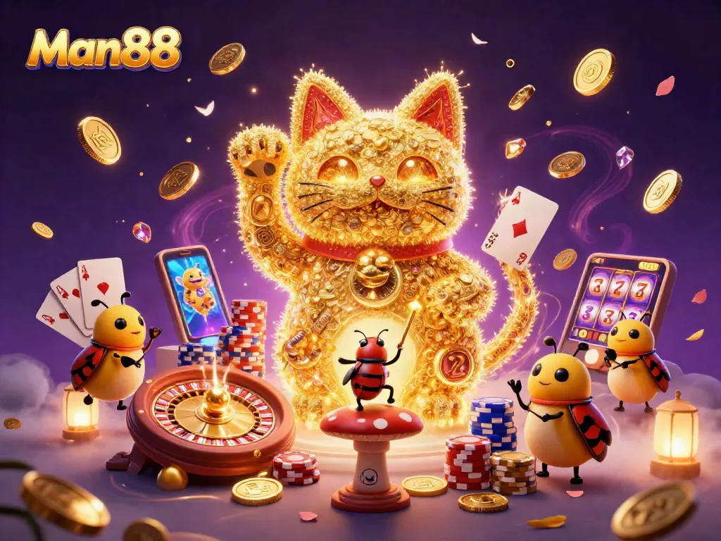 Engage with Man88's vibrant lucky cat illustration, showcasing dynamic casino elements.