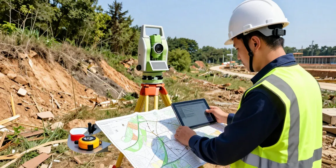 Land surveyors near me assessing topographical features using advanced surveying equipment and digital maps in an outdoor environment.