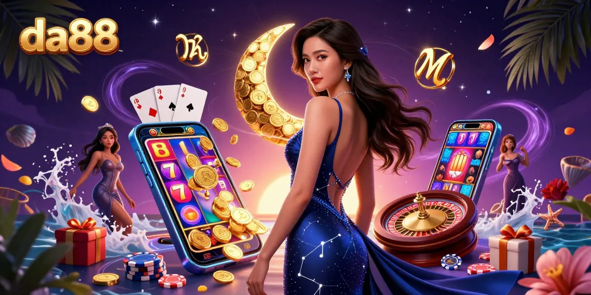 Experience winning at da88 with an elegant Asian woman surrounded by spinning slot reels and bright casino elements.