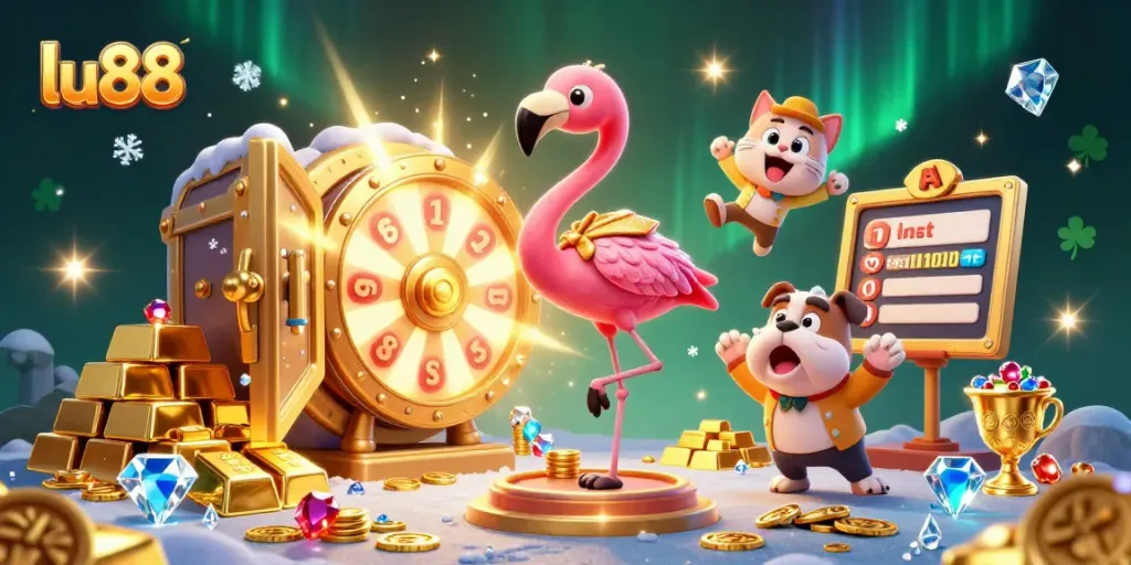 Experience lu88's exciting moments with a vibrant cartoon scene of prizes and fortune.