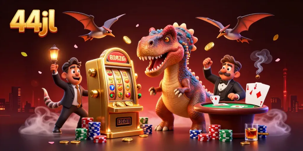 Catch the excitement at 44jl with a dino character winning jackpot coins at a vibrant casino.
