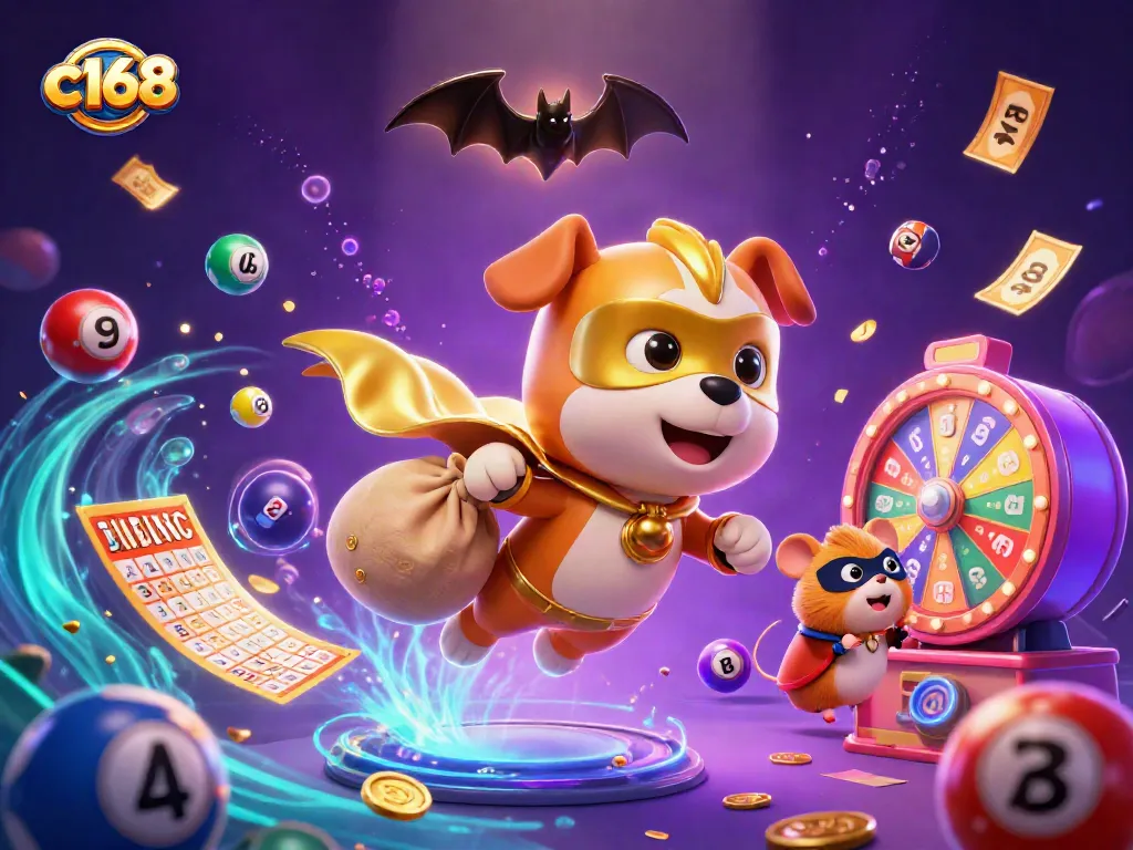 Engage with the thrilling c168 casino adventure featuring a superhero dog and lucky hamster in a vibrant lottery scene.