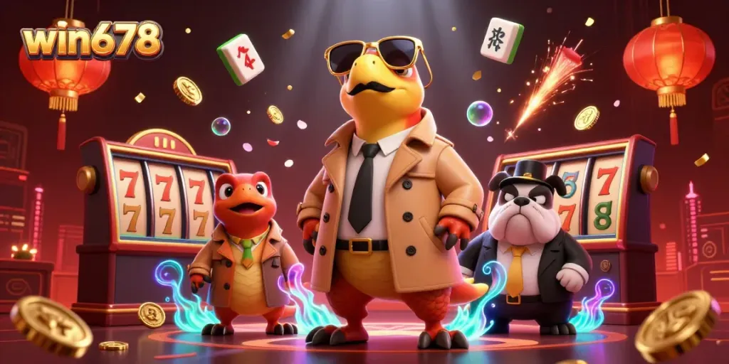 Win678 showcases cartoon raptors in a trench coat attempting entry to a VIP casino lounge, surrounded by dynamic gaming elements.