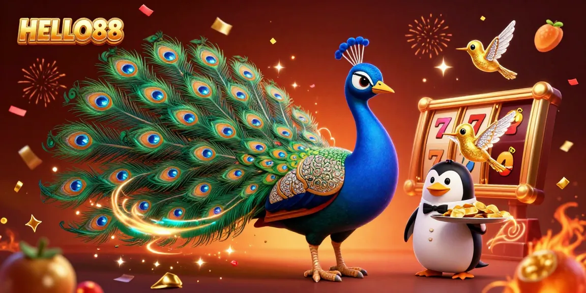 HELLO88 features a vibrant 3D casino illustration showcasing a peacock and penguin amidst dynamic slot reels.