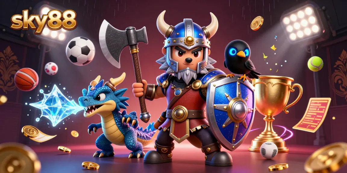 Engage in thrilling action with sky88, featuring a Viking wolf warrior and a fierce dragon in a dynamic casino scene.