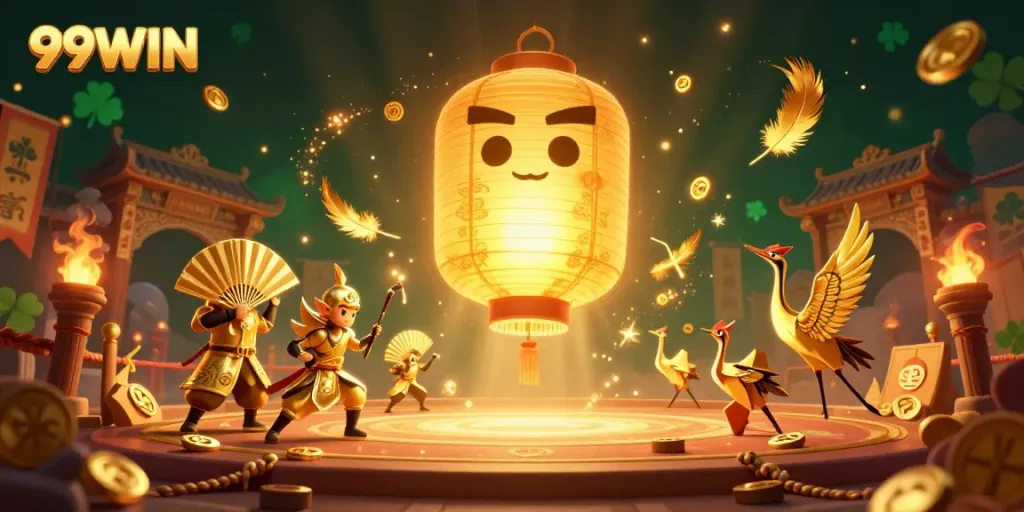 Experience the thrill of gaming at 99WIN with a captivating scene of golden lanterns and warriors.