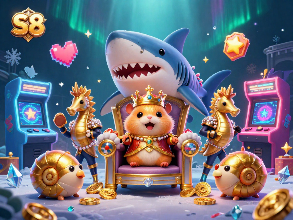 Experience S8's vibrant gaming scene with a golden hamster king on a megalodon throne surrounded by fun game elements.