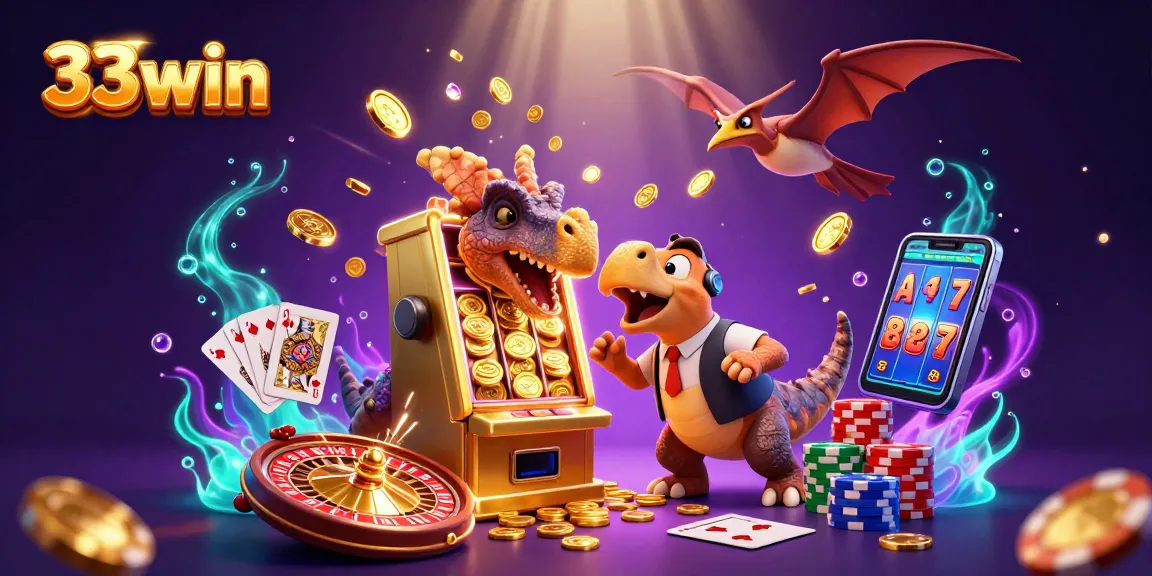 Spin wins at 33win with a pachycephalosaurus hitting a jackpot slot, coins fly everywhere.