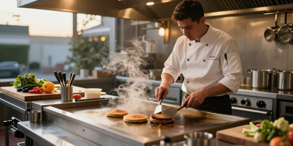 Chef skillfully using commercial griddles to prepare delicious pancakes and burgers in a bustling kitchen