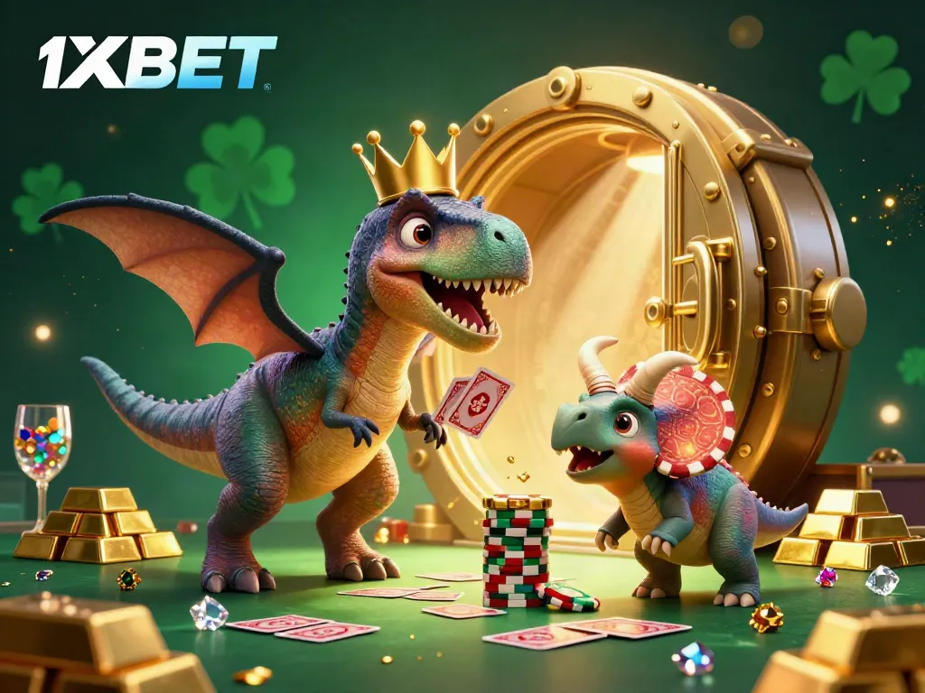 1XBET themed 3D illustration showcasing a T-Rex and triceratops in a vibrant casino scene filled with gold and jewels.