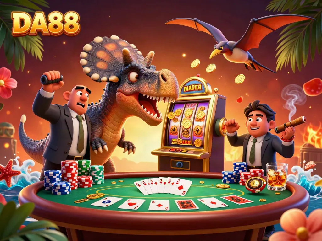 DA88 celebrates jackpots with vibrant coins flying in a lively casino environment.