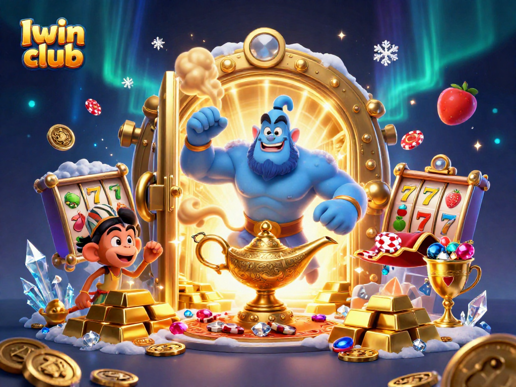 Engage with Iwin club's vibrant 3D casino scene featuring a magical genie, treasures, and dynamic slot elements.