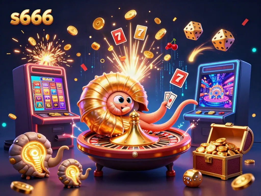 Experience the vibrant world of S666 with a dazzling casino illustration featuring a nautilus roulette and bursting jackpots.