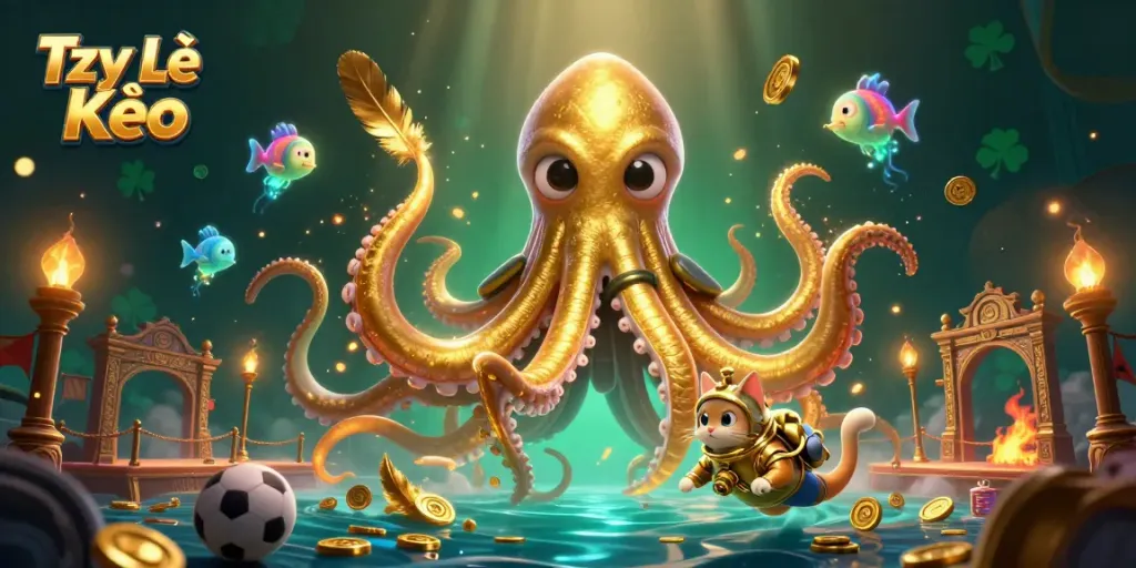 Engaging Tỷ Lệ Kèo scene with kraken and diving cat amidst dynamic sports betting elements.