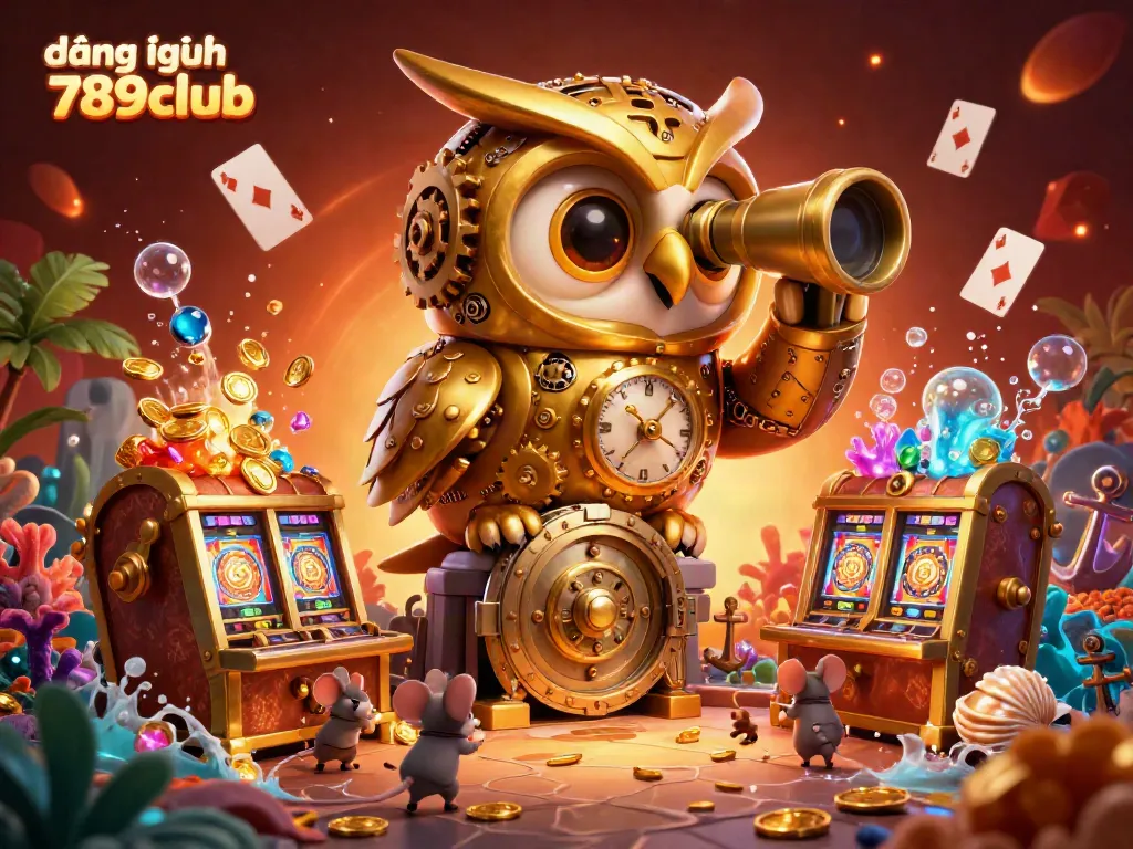 Engage with đăng nhập 789club in this vibrant, lively casino scene featuring a whimsical clockwork owl.