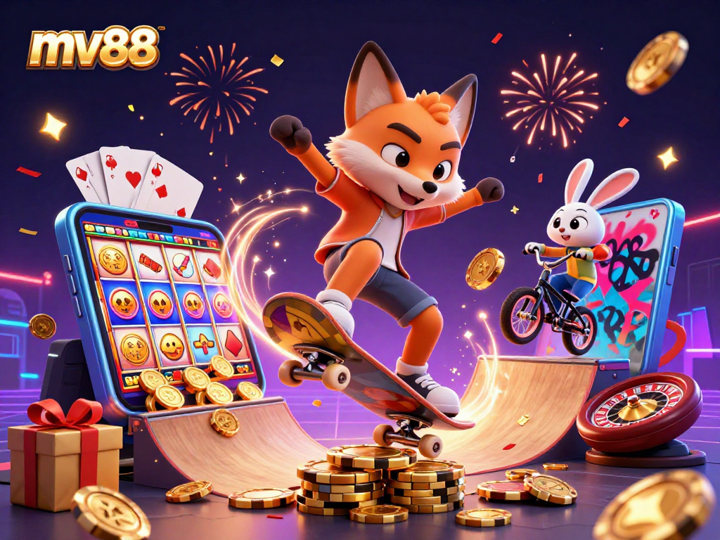 Experience vibrant gaming at mv88 with a dynamic 3D casino scene showcasing thrilling elements.