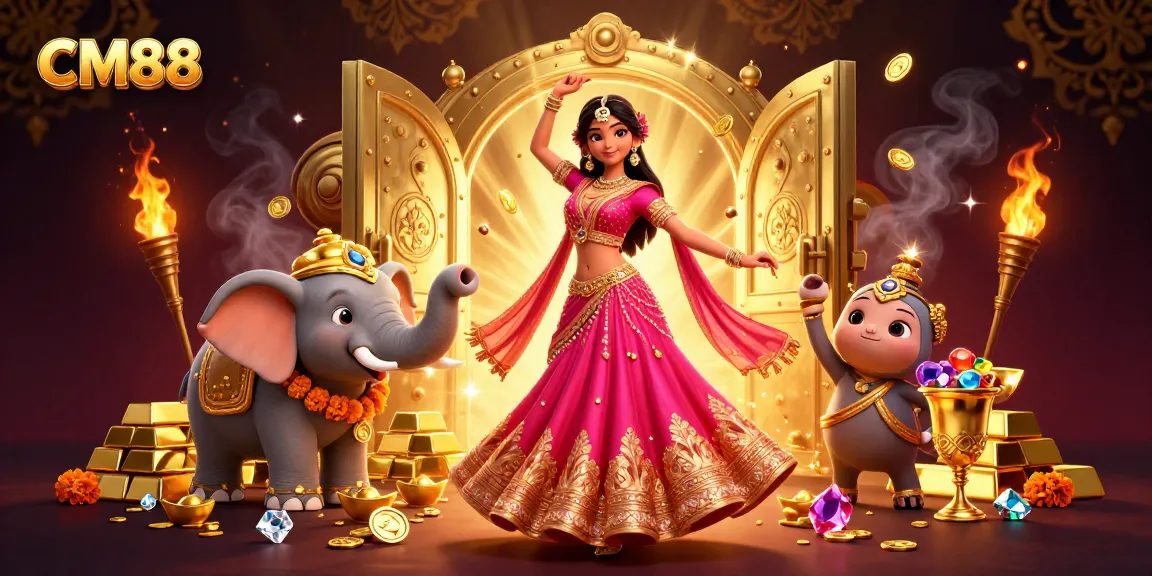 Experience the excitement of CM88 with stunning casino-themed 3D imagery showcasing vibrant characters and sparkling treasures.