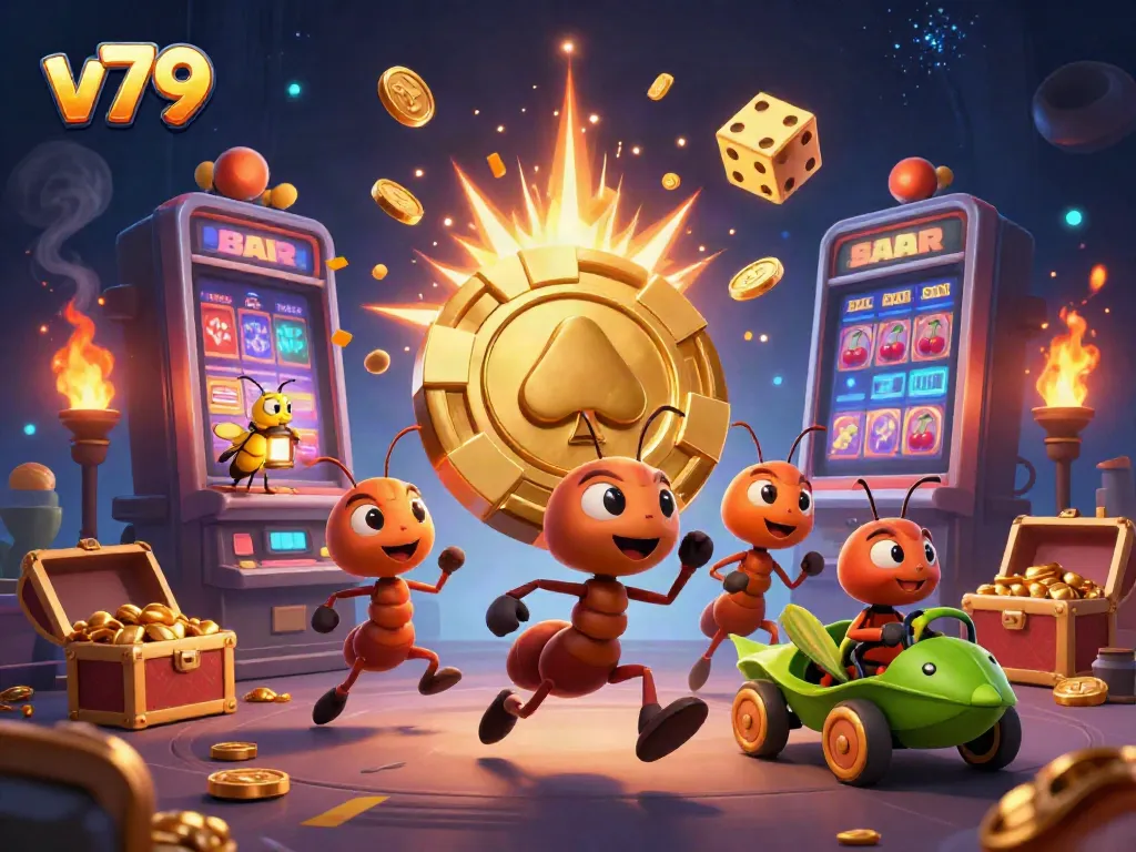 Engage with v79 in this exciting scene of ants heisting a massive poker chip amidst casino chaos.