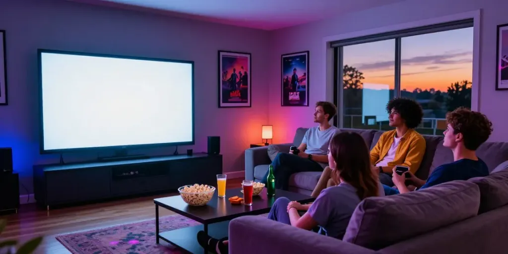 Friends enjoying idlix film streaming in a cozy home theater.
