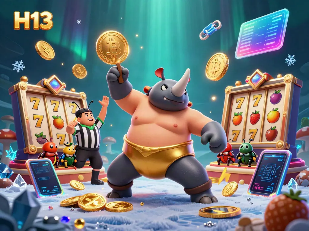 Experience thrilling gambling fun with H13 as a beetle champion amidst spinning reels and vivid crypto elements.