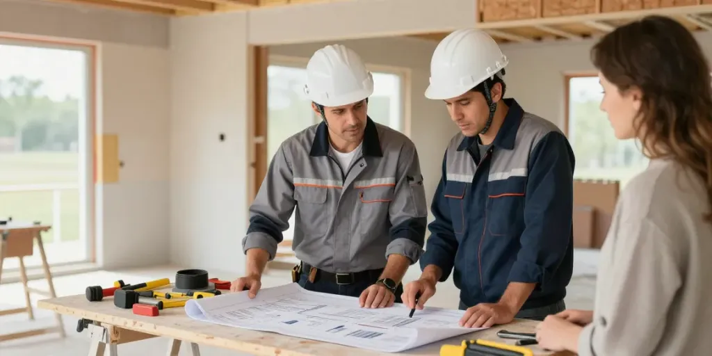 Wish 4D trusted contractor reviewing blueprints at home renovation site.