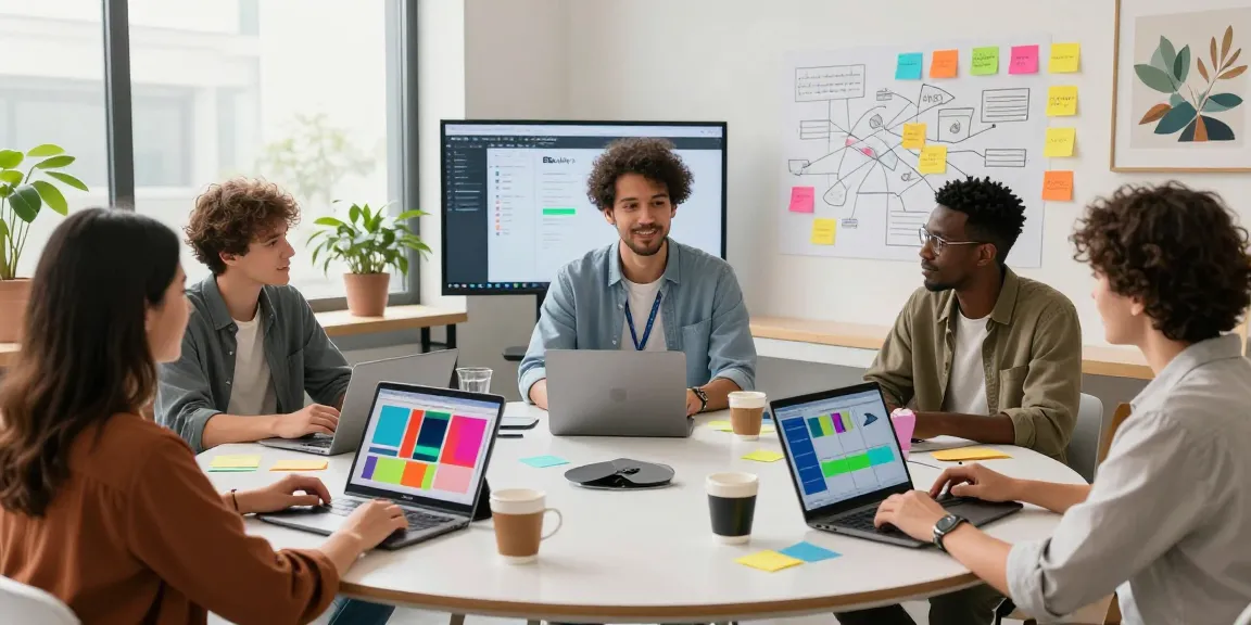 Creative team brainstorming on mixboard ai in a collaborative workspace with digital devices and vibrant moodboards.