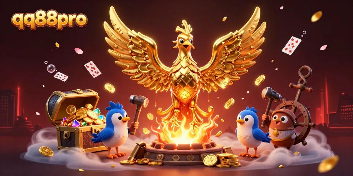 Experience the thrill at qq88pro with a golden phoenix, dazzling treasures, and vibrant gaming elements.