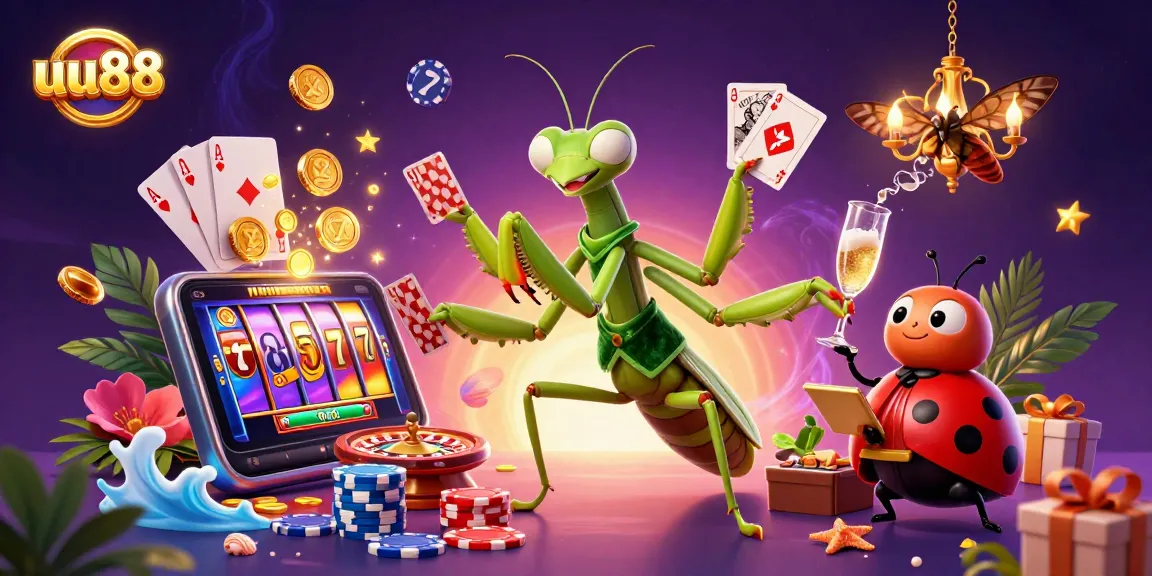 Experience the excitement of uu88 with a vibrant casino scene featuring a mantis card sharp and playful gaming elements.
