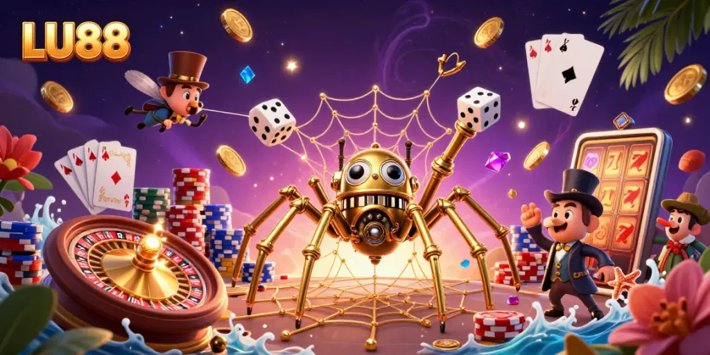 Spin the LU88 roulette as golden coins and gems cascade in this vibrant casino scene.