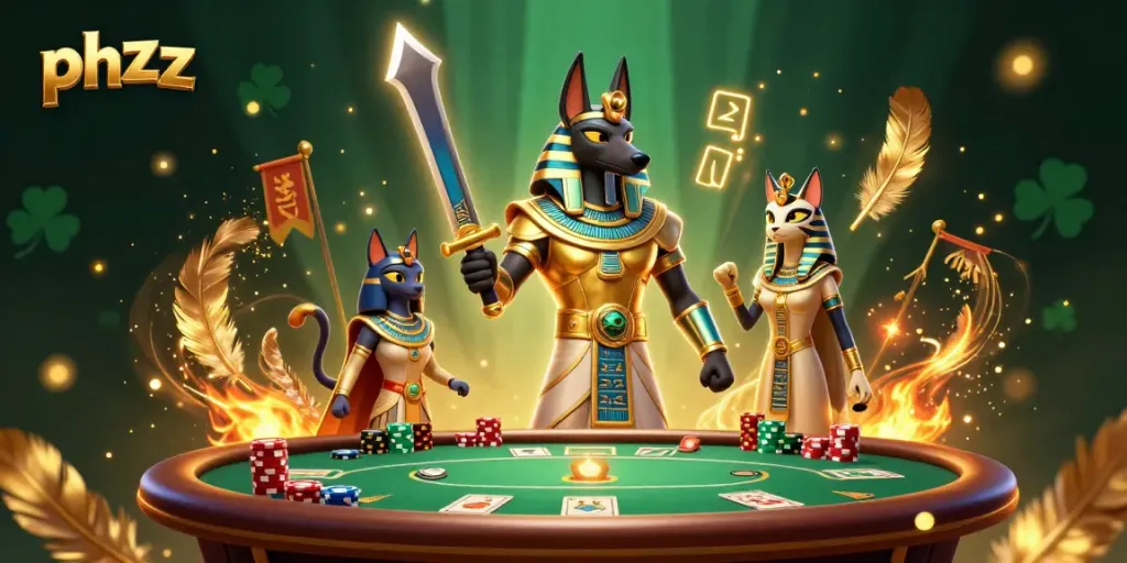 Experience phzzz excitement with Anubis and Bastet at an energetic poker table.