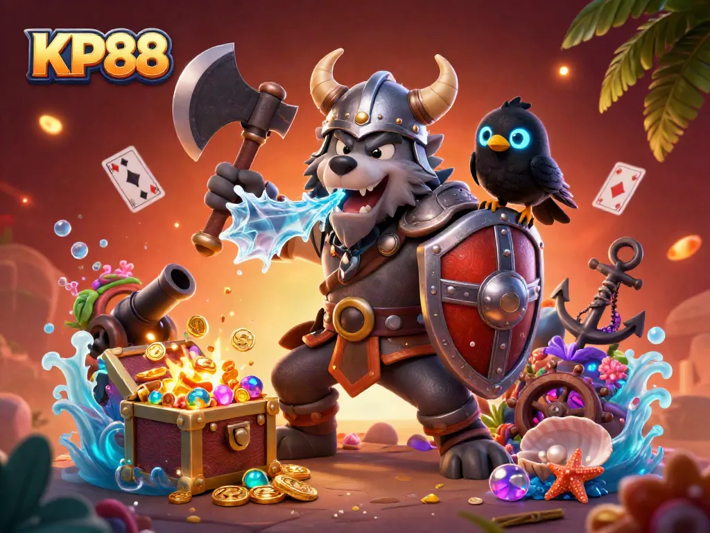 Experience thrilling gameplay at KP88 with a dynamic 3D scene featuring a Viking wolf warrior, fierce dragon, and glowing cards.