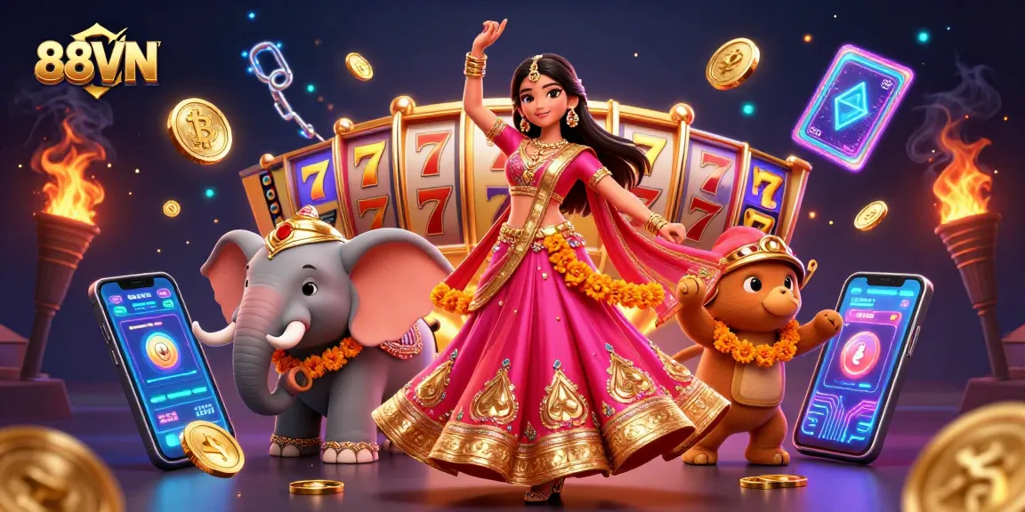 Experience thrilling jackpots with 88VN's vibrant casino illustration, showcasing winning slot game elements.