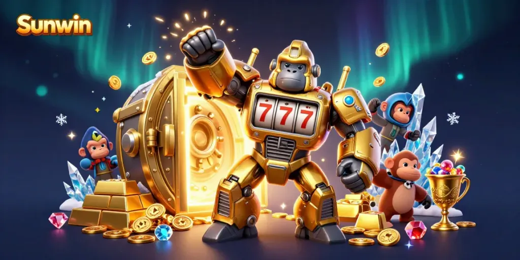 Experience the excitement of Sunwin with a golden gorilla mech celebrating jackpots in a vibrant casino scene.