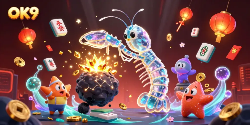 Experience thrilling action with OK9 as a galactic samurai mantis shrimp battles asteroids amidst treasure and casino elements.