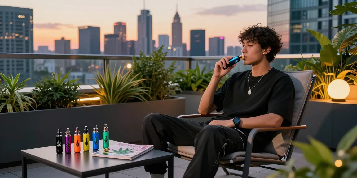 Trendy individual using weed vapes while relaxing on a rooftop terrace with a city skyline.