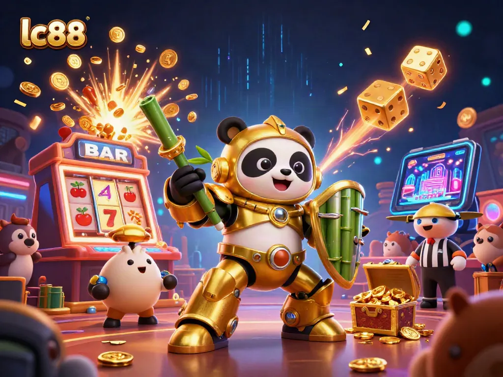 Watch the lc88 panda pilot a casino robot amid vibrant slot game elements.