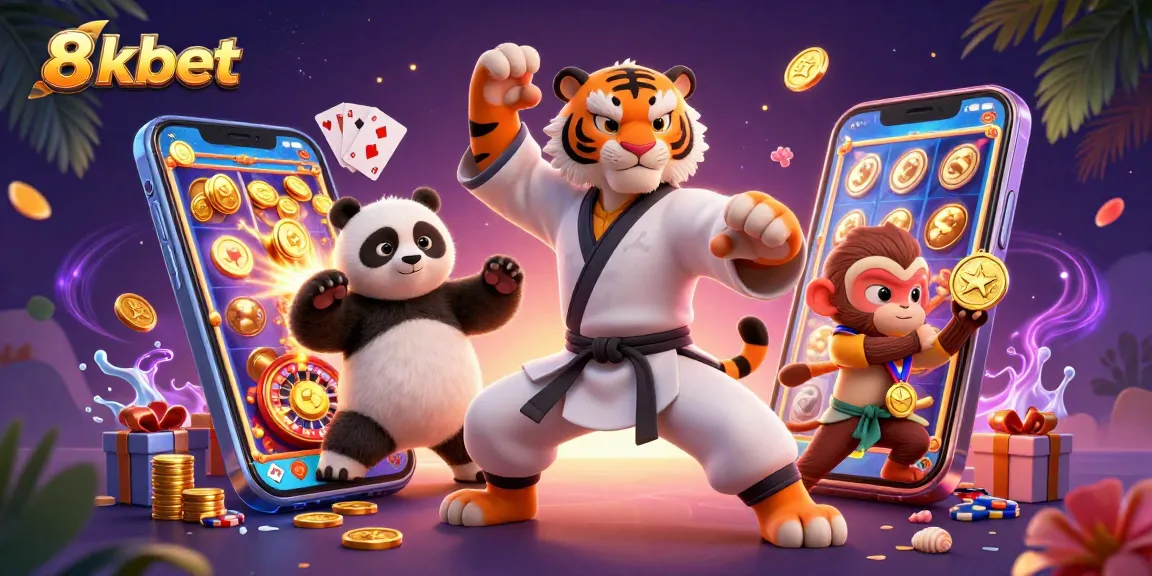 Engage with 8xbet through vibrant gaming action featuring kung fu characters and casino elements.