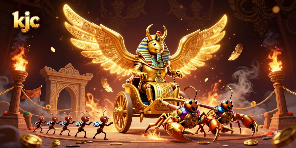 Engage in thrilling gameplay with kjc's diverse casino offerings featuring a lively golden scarab beetle.