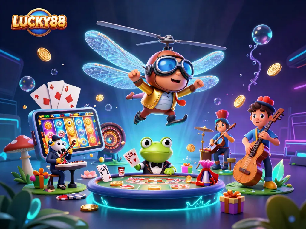 LUCKY88 gaming experience with vibrant visuals showcasing a dragonfly pilot and frog croupier in action.