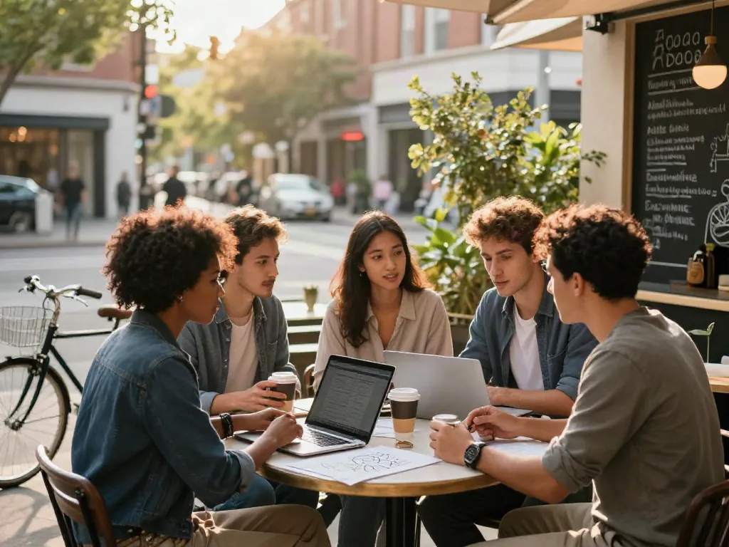 Young professionals collaborating at a cafe table, showcasing bedfordsocialclub.com.