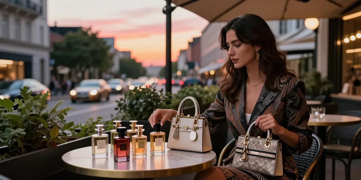 Stylish woman selecting the best everyday perfume in an elegant café.
