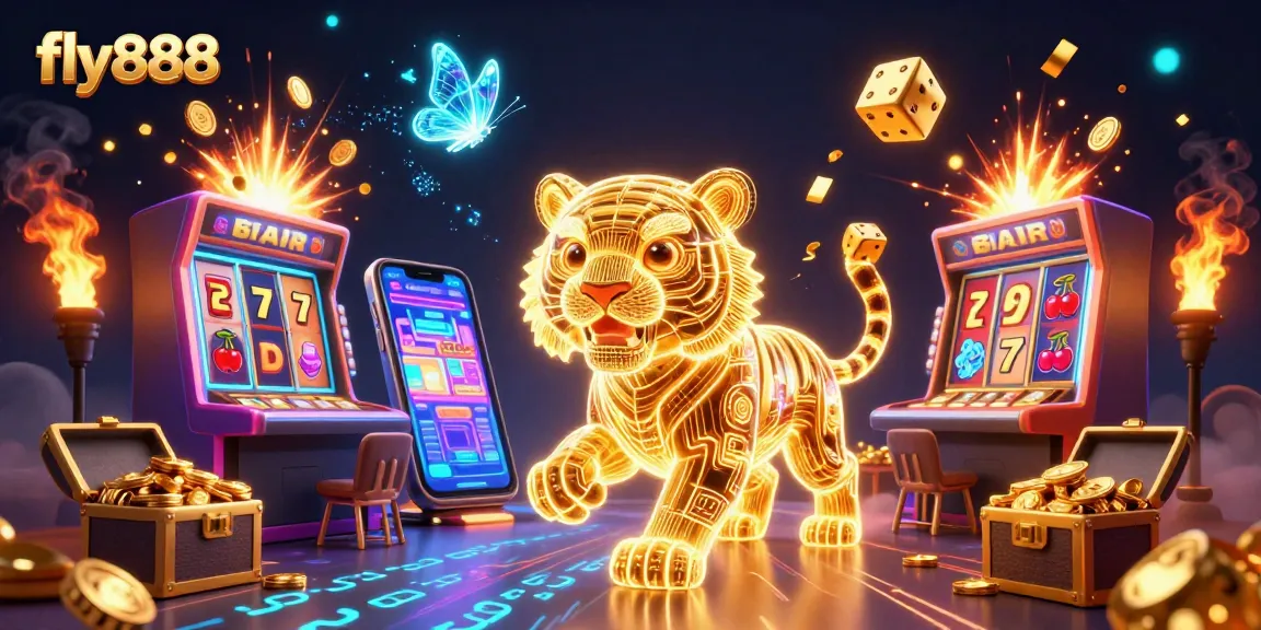 Experience an exciting jackpot at fly888 with a vibrant golden tiger amidst a digital casino landscape.