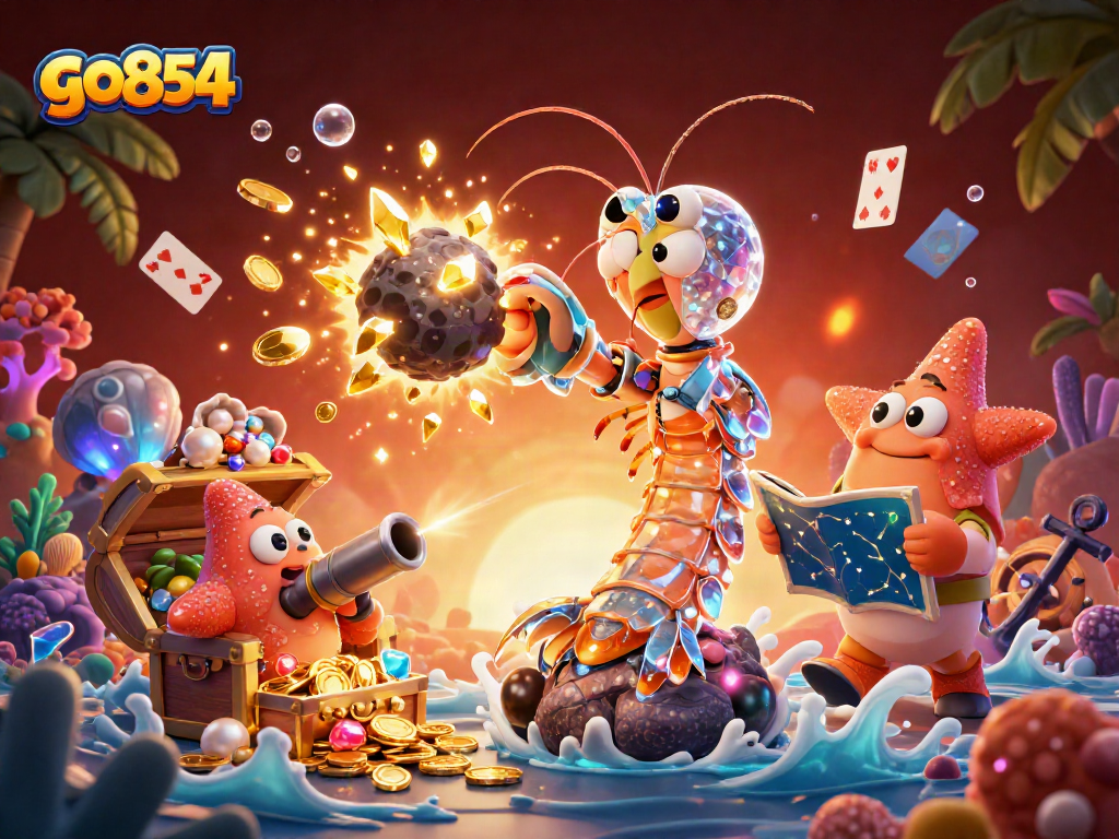 Engage with thrilling gameplay at go854, featuring a vibrant scene of a mantis shrimp navigating treasure.