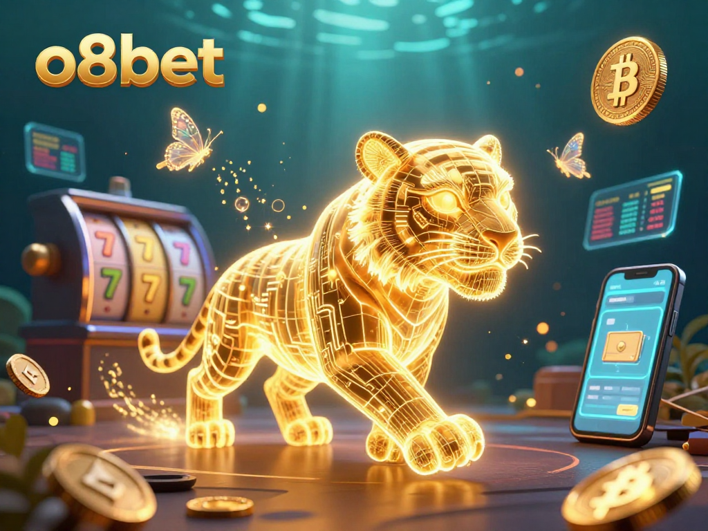 Experience the vibrant energy of o8bet with a neon tiger and digital casino excitement.